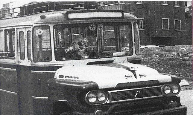 The famous bus in which the Palestinians traveled through the neighborhood of Ein Remmaneh