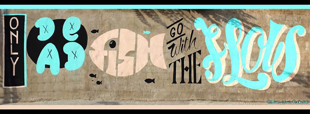 Graffiti sur l'autoroute en allant vers le centre-ville de Beyrouth. "Seuls les poissons morts suivent le courant". Crédit Photo : Marie-Josée Rizkallah