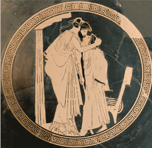 Figure 4 : " Éraste " et " Éromène ", coupe attique à figures rouges, Ve siècle avant J.-C., musée du Louvre.