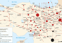 Carte du génocide arménien en 1915. Chaque cercle représente un massacre. Il y en a de trois types de lieux de massacre : les centres de contrôles (en rouge), les postes (en rose) et les camps de concentration et d'extermination (en noir). La taille des cercles indique le nombre relatif d'Arméniens tués. Les épées indiquent les lieux de résistance arménienne : ceux ou elle a été plus forte sont en rouge, et moins forte en noir. Les différentes tailles d'épées ne signifient rien, c'est uniquement dû à un problème de place sur la carte. Les cercles présents en Mer Noire indiquent les Arméniens (principalement des femmes et des enfants) emmenés par bateaux et jetés à la mer.