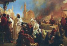 Tableau de Jean-Baptiste Huysmans représentant le chef algérien l'émir Abd-el-Kader, protégeant les chrétiens à Damas en 1860, lors des massacres commis par les Druzes. Gros et Delettrez, catalogue de vente publique Orientalisme et Art islamique,/Wikimedia