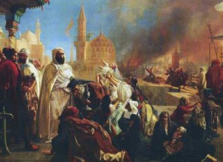Tableau de Jean-Baptiste Huysmans représentant le chef algérien l'émir Abd-el-Kader, protégeant les chrétiens à Damas en 1860, lors des massacres commis par les Druzes. Gros et Delettrez, catalogue de vente publique Orientalisme et Art islamique,/Wikimedia