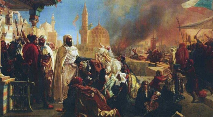 Tableau de Jean-Baptiste Huysmans représentant le chef algérien l'émir Abd-el-Kader, protégeant les chrétiens à Damas en 1860, lors des massacres commis par les Druzes. Gros et Delettrez, catalogue de vente publique Orientalisme et Art islamique,/Wikimedia