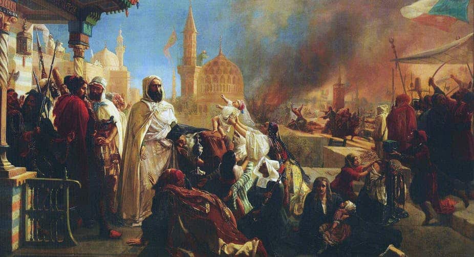 Tableau de Jean-Baptiste Huysmans représentant le chef algérien l'émir Abd-el-Kader, protégeant les chrétiens à Damas en 1860, lors des massacres commis par les Druzes. Gros et Delettrez, catalogue de vente publique Orientalisme et Art islamique,/Wikimedia