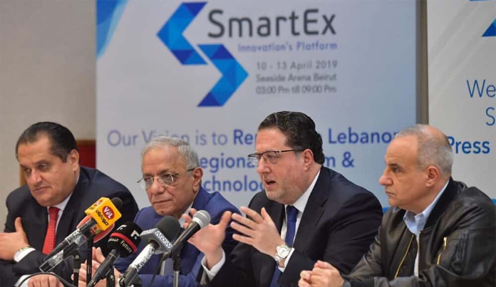 Le Ministre des Télécoms, Mohamed Choucair, s'exprimant au sujet de l'installation d'un réseau de fibres optiques au Liban lors de la conférence SmartEX. Origine photo: Twitter