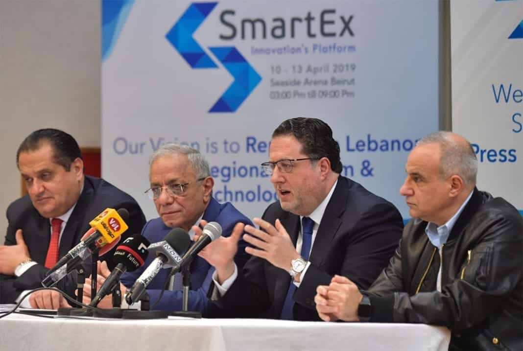 Le Ministre des Télécoms, Mohamed Choucair, s'exprimant au sujet de l'installation d'un réseau de fibres optiques au Liban lors de la conférence SmartEX. Origine photo: Twitter