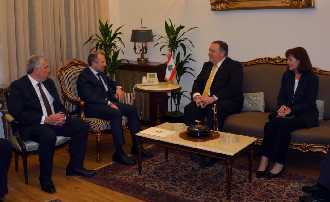 Le Secrétaire d'Etat Américain Mike Pompeo, avec le Ministre des AF Libanais Gébran Bassil au Palais Bustros. Crédit Photo: Dalati & Nohra