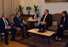 Le Secrétaire d'Etat Américain Mike Pompeo, avec le Ministre des AF Libanais Gébran Bassil au Palais Bustros. Crédit Photo: Dalati & Nohra