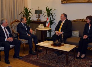 Pompeo: le Hezbollah vole le Liban Le Secrétaire d'Etat Américain Mike Pompeo, avec le Ministre des AF Libanais Gébran Bassil au Palais Bustros. Crédit Photo: Dalati & Nohra