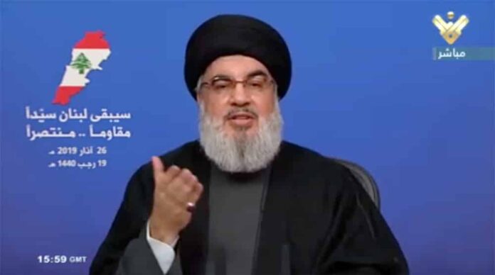 Hassan Nasrallah 26 Mars 2019 Capture d'écran du discours du Secrétaire Général du Hezbollah, le 26 mars 2019