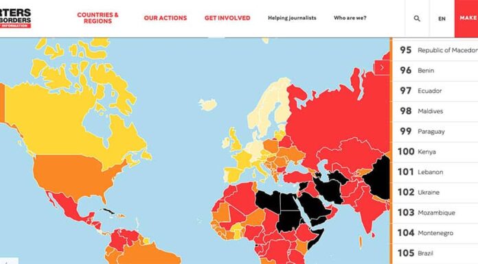 Le classement 2019 de la liberté de la Presse. Le Liban figure au 101 rang mondial. Capture d'écran de l'étude de RSF