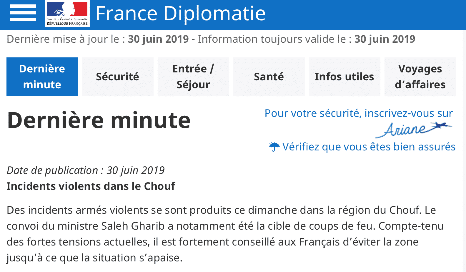 L’Ambassade de France au Liban appelle les français à éviter le Chouf