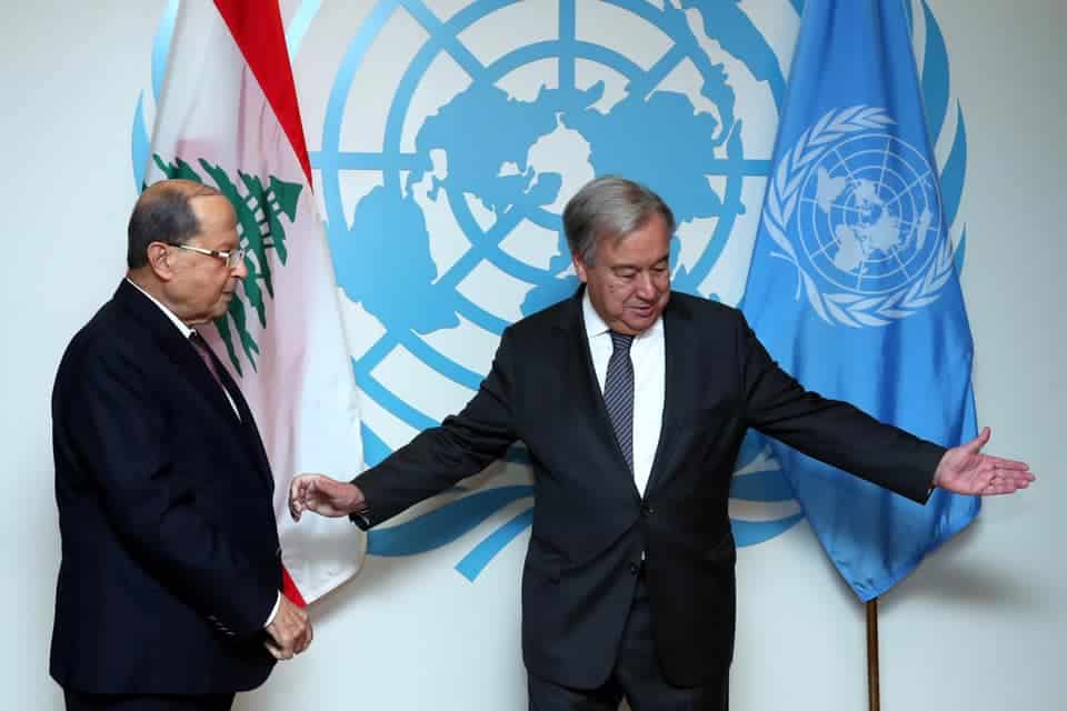 Le Pr&eacute;sident de la R&eacute;publique Libanaise, le G&eacute;n&eacute;ral Michel Aoun en compagnie du Secr&eacute;taire G&eacute;n&eacute;ral de l'ONU, Antonio Guterres.