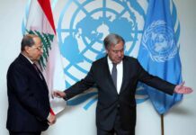 Le Président de la République Libanaise, le Général Michel Aoun en compagnie du Secrétaire Général de l'ONU, Antonio Guterres.