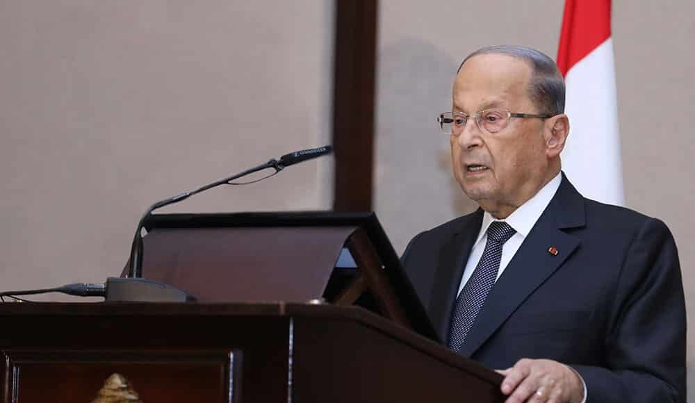 Le Président de la République, le Général Michel Aoun, prononçant son discours lors de l'ouverture du congrès de la Rencontre Levantine, ce lundi 14 octobre 2019. Crédit Photo: Dalati & Nohra