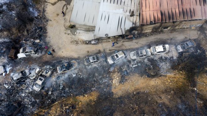 Liban/Incendie: Les feux seraient tous éteints Vue aérienne des dégâts de l'Incendie à Damour.