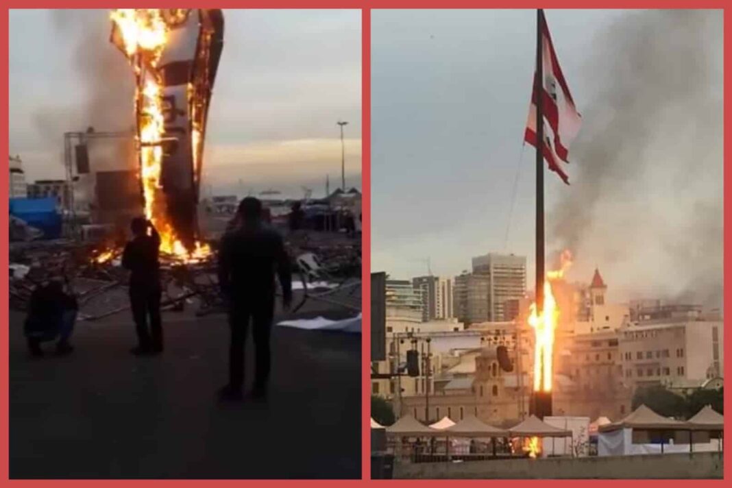 Des voyous mettent le feu au drapeau Libanais ce matin à Beyrouth