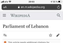 La page Wikipedia en anglais du Parlement Libanais modifiée en Chambre des Voleurs