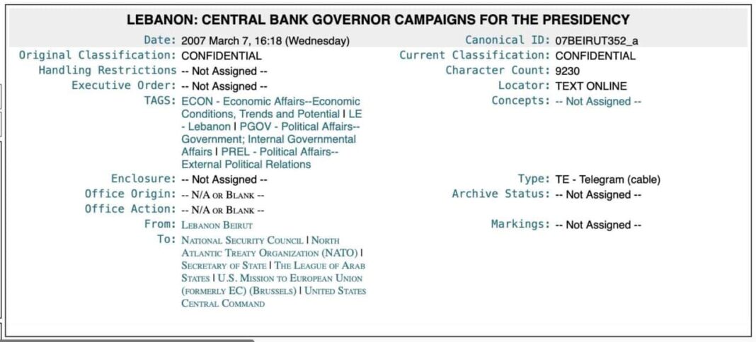 Riad Salamé accusé de violer la législation financière libanaise (Wikileaks 2007 : Bifani/Feltman)