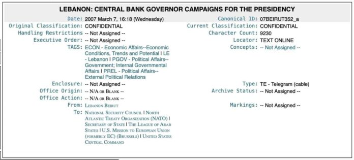 Riad Salamé accusé de violer la législation financière libanaise (Wikileaks 2007 : Bifani/Feltman)