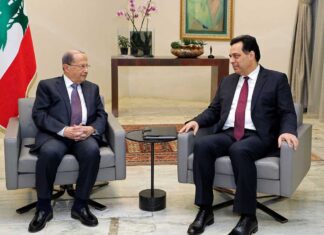 La rencontre entre le président de la République, le général Michel Aoun, et le Premier Ministre désigné Hassan Diab, précédant l'annonce de la proclamation du gouvernement Diab. Crédit Photo: Dalati & Nohra