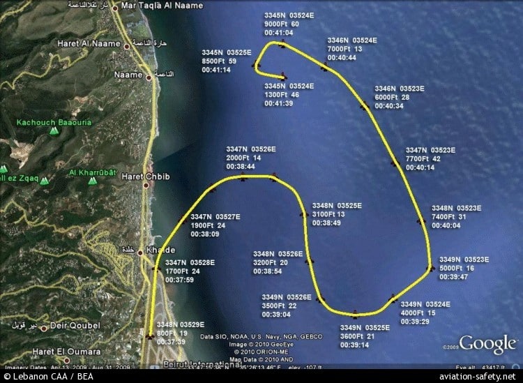 La traiettoria di volo del volo Ethiopian Airlines 409, 25 gennaio 2010.