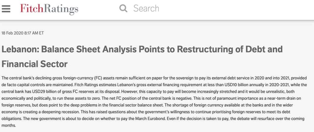 Fitch Rating: une restructuration probable de la dette et du secteur financier du Liban afin de préserver les réserves de devises