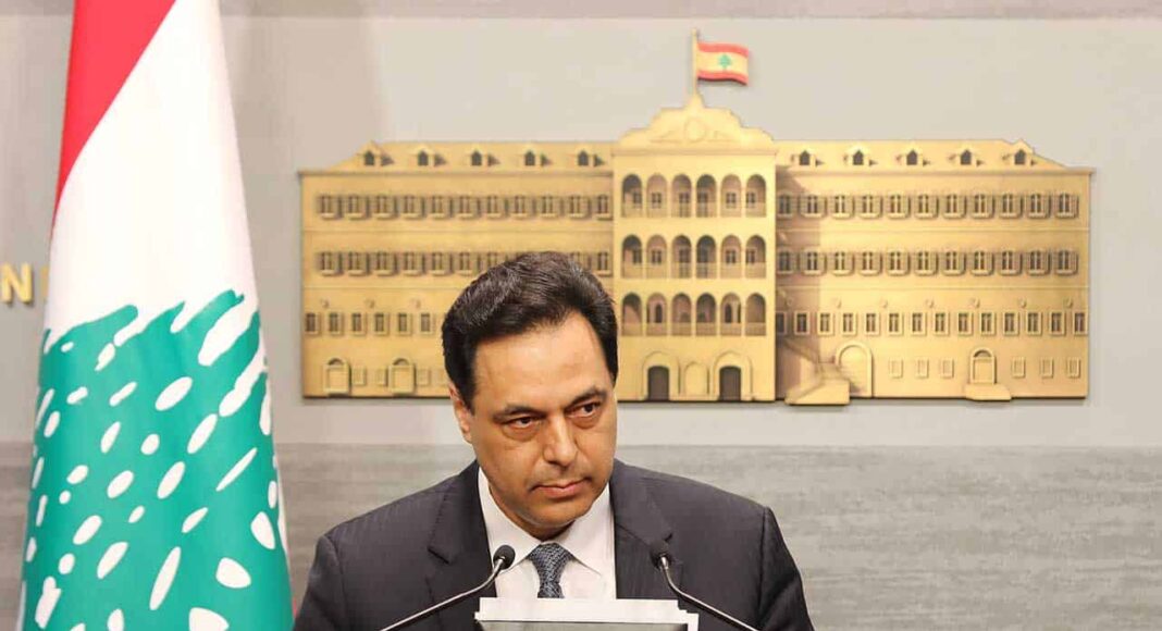 Le Premier Ministre libanais Hassan Diab, annonçant la mise en état de défaut du Liban. Crédit Photo: Dalati & Nohra, 8 mars 2020