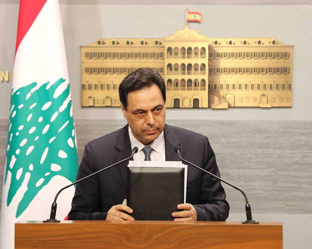 Le Premier Ministre libanais Hassan Diab, annonçant la mise en état de défaut du Liban. Crédit Photo: Dalati & Nohra, 8 mars 2020