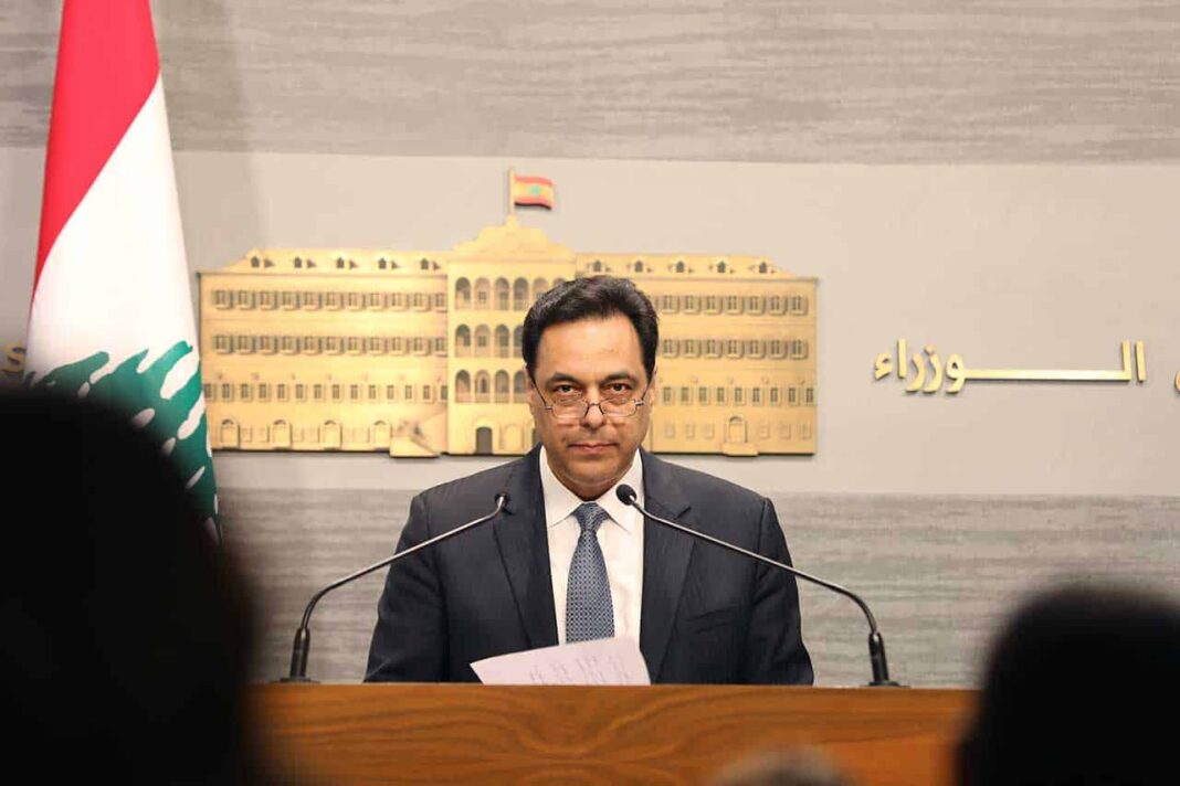 Le Premier Ministre libanais Hassan Diab, annonçant la mise en état de défaut du Liban. Crédit Photo: Dalati & Nohra, 8 mars 2020