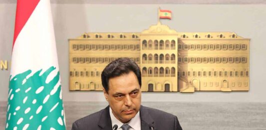 Le Premier Ministre libanais Hassan Diab, annonçant la mise en état de défaut du Liban. Crédit Photo: Dalati & Nohra, 8 mars 2020