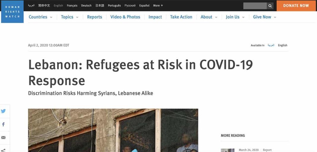 Liban: Les Réfugiés en danger en raison du Coronavirus (HRW)