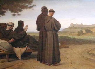 « Luttez pour entrer par la porte étroite.. » (Lc 13, 23-24). Léon Benouville: “Saint Francois d'Assise, transporté mourant à Sainte-Marie-des-Anges, bénit la ville d'Assise”, 1853