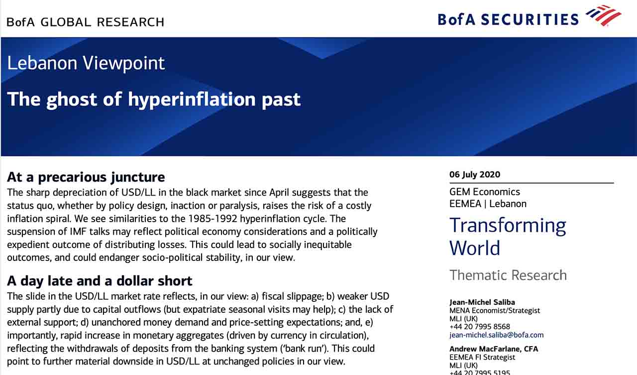 Liban: le Rapport de Bank of America et les fantômes hyper inflationnistes du passé