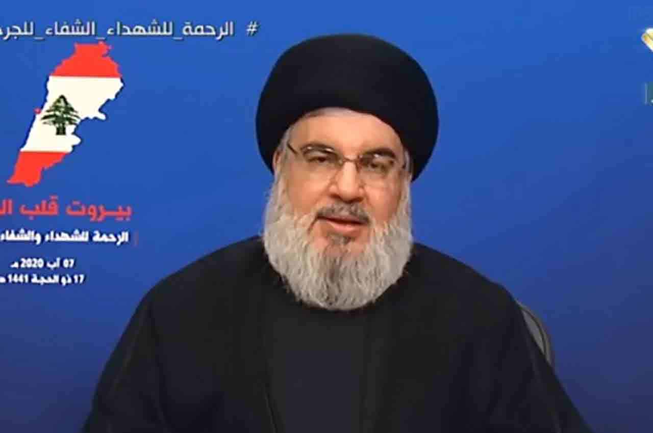 Le dirigeant du Hezbollah, Sayyed Hassan Nasrallah au cours de son allocution du 7 août 2020, 3 jours après l'explosion du Port de Beyrouth