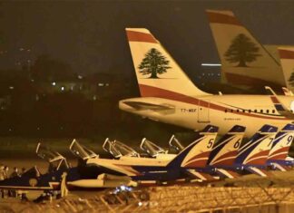 Les avions de la patrouille de France sur le tarmac de l'aéroport international de Beyrouth. Source Photo: Instagram.