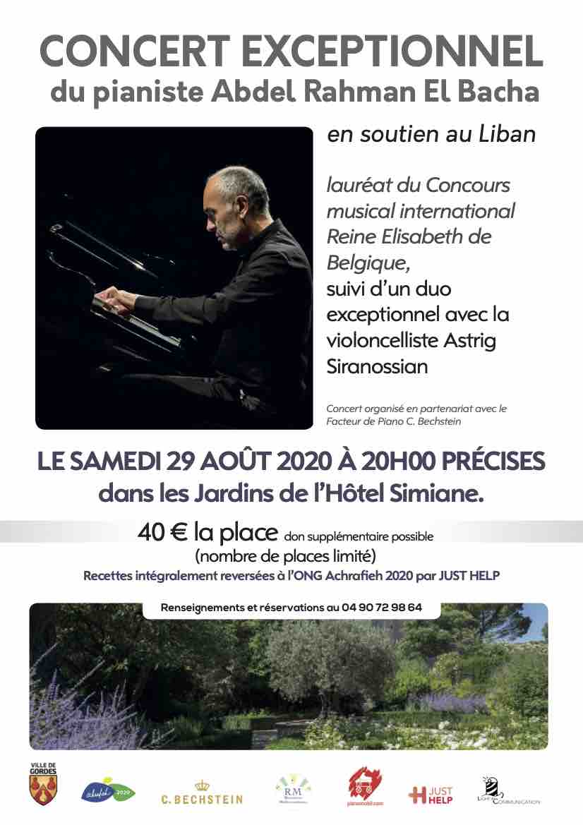 Concert exceptionnel de Abdel Rahman el Bacha le Samedi 29 août à 20h00 dans les magnifiques jardins de la Mairie de Gordes en soutien au Liban