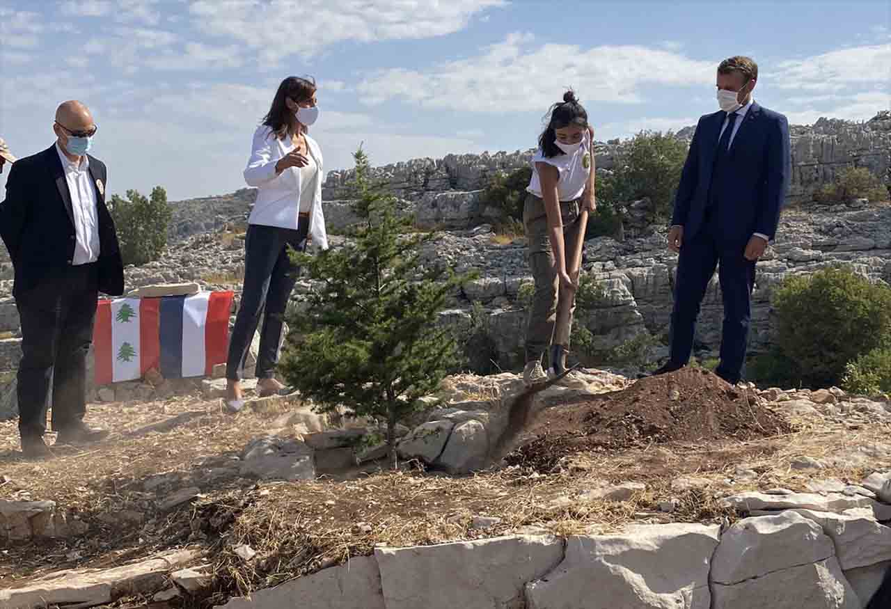 Emmanuel Macron plante un Cèdre sous la couleur du Liban Emmanuel Macron qui plante un cèdre à Jaja, le 1er septembre 2020 à l'occasion du 100ème anniversaire du Grand Liban