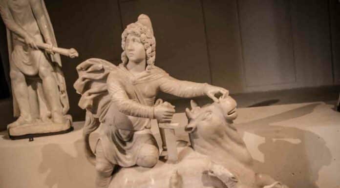 Ces sculptures appartiennent au décors d'un mithraeum et sont représentatives de l'iconographie de son culte: Le sacrifice du taurau est l'acte fondateur de la théologie mithrarique, Mithra porte ensuite la dépouille de l'animal