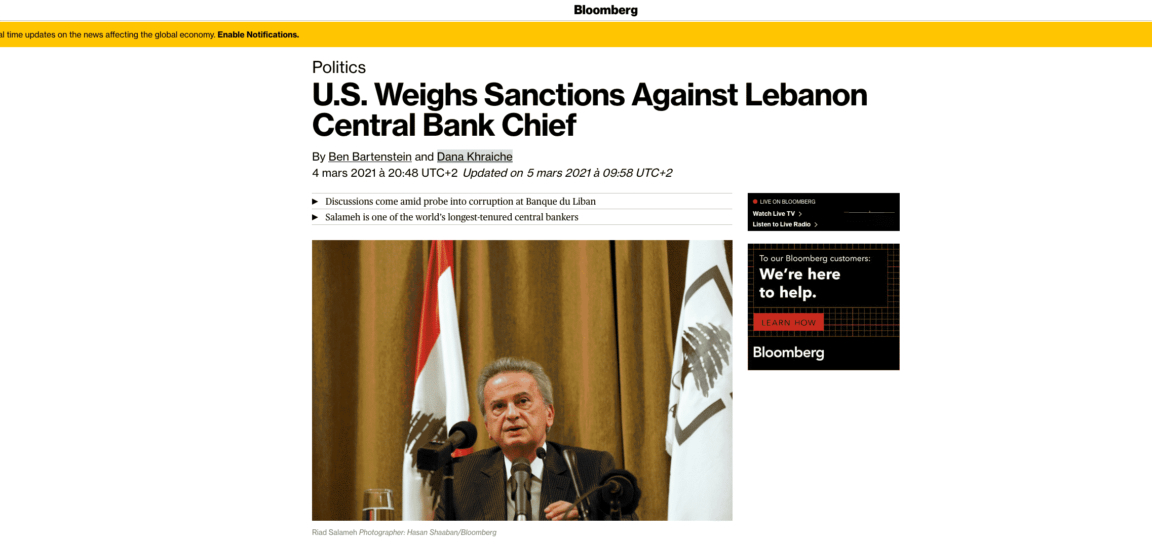 Riad Salamé menace de poursuites judiciaires Bloomberg et son correspondant local