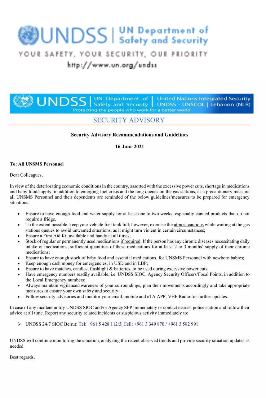 وحث موظفو الأمم المتحدة على توخي الحذر في لبنان