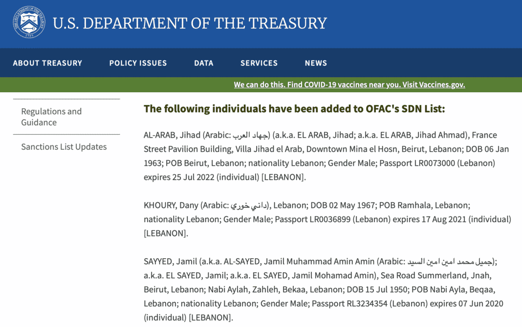 Jamil Sayyed, Jihad Al Arab, Dany Khoury sanctionnés par les Etats-Unis