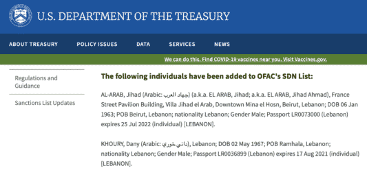 Jamil Sayyed, Jihad Al Arab, Dany Khoury sanctionnés par les Etats-Unis