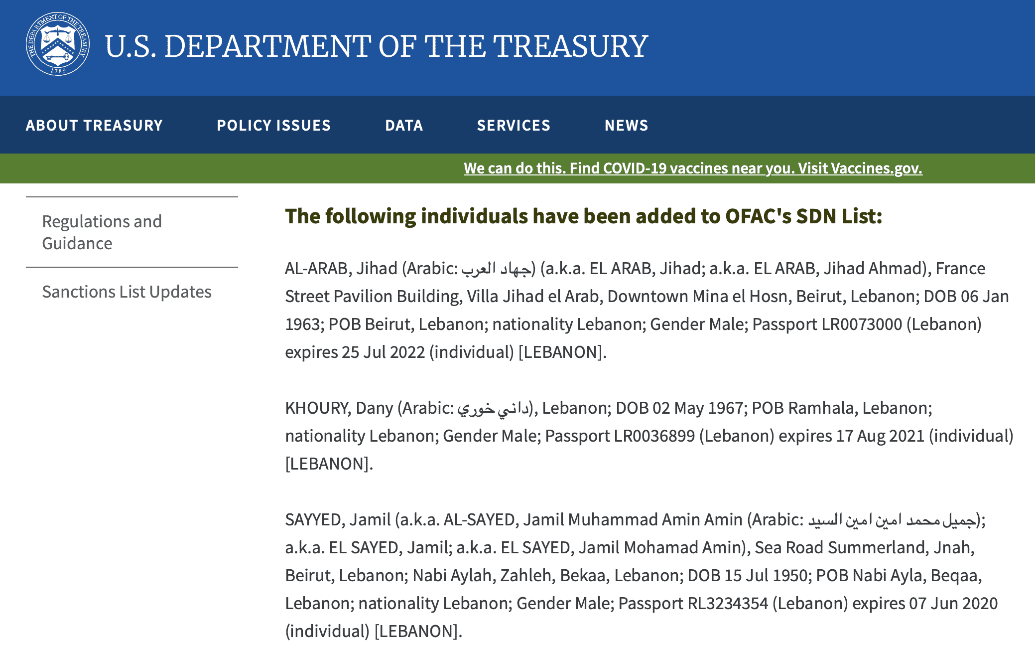 Jamil Sayyed, Jihad Al Arab, Dany Khoury sanctionnés par les Etats-Unis