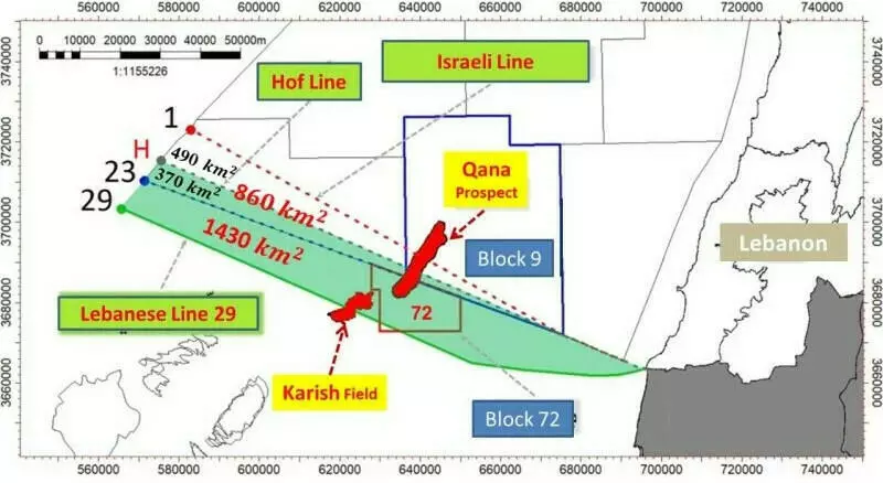 Carte fournie par l'armée libanaise et publiée par plusieurs médias locaux montrant la "ligne Hof" (H) et la totalité de la zone revendiquée par les négociateurs libanais, qui est située entre la ligne 1 et la ligne 29. © Armée libanaise