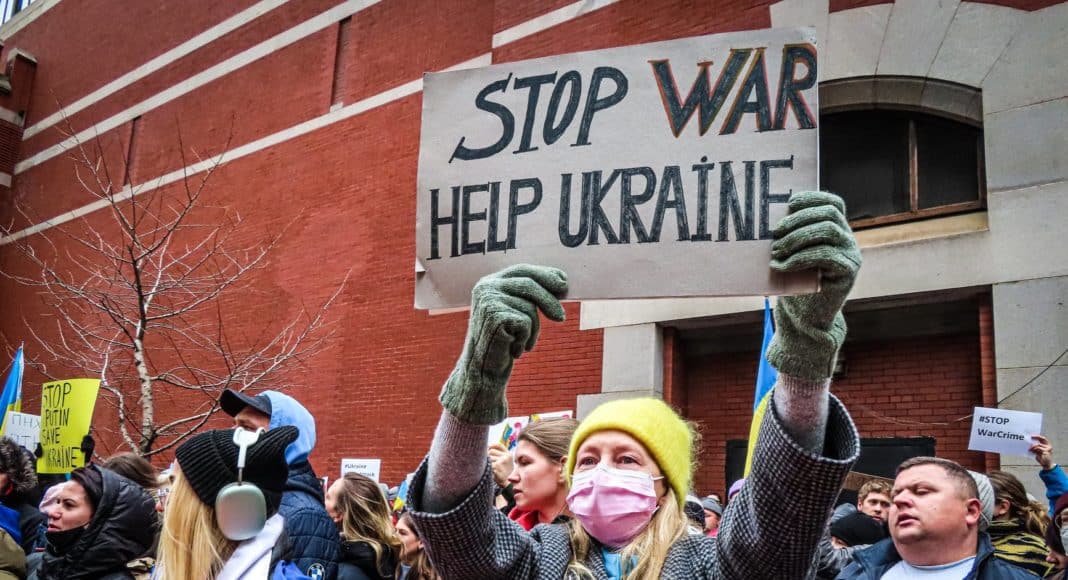 crowd on protest against war on ukraine