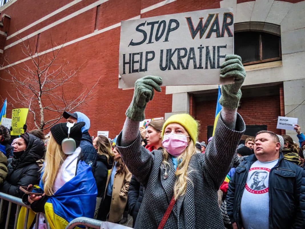 crowd on protest against war on ukraine