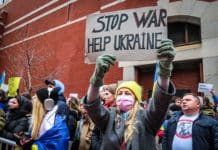 crowd on protest against war on ukraine
