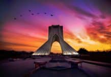 birds flying over a building during sunset