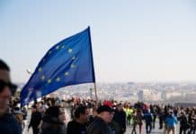 people on street with european union flag